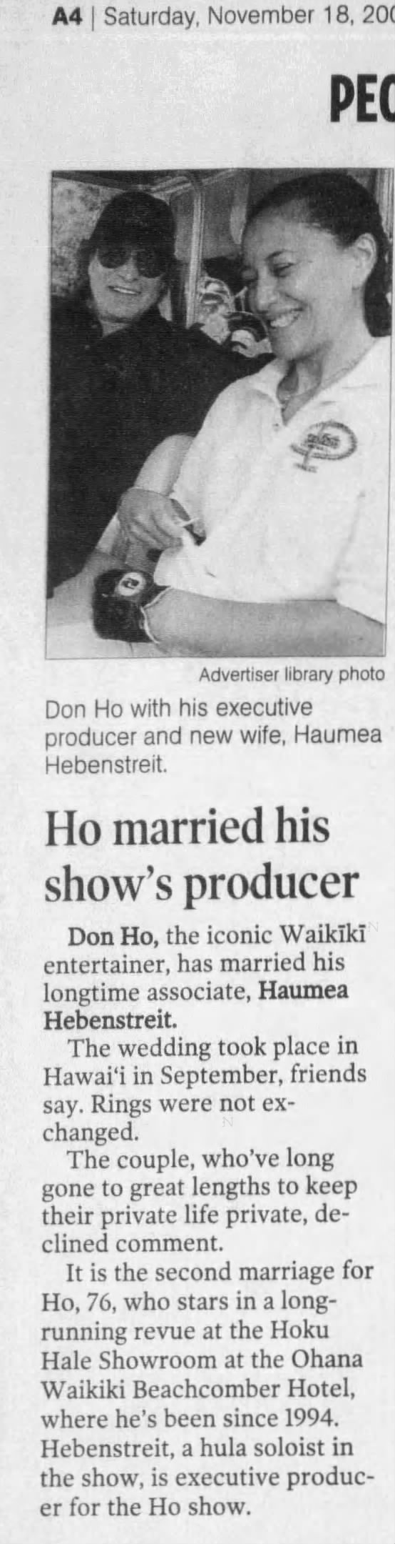 Don Ho Marries his show's producer Haumea Hebenstreit