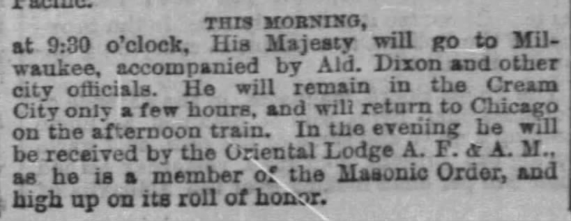 Kalakaua side trip to Milwaukee Jan 16, 1875