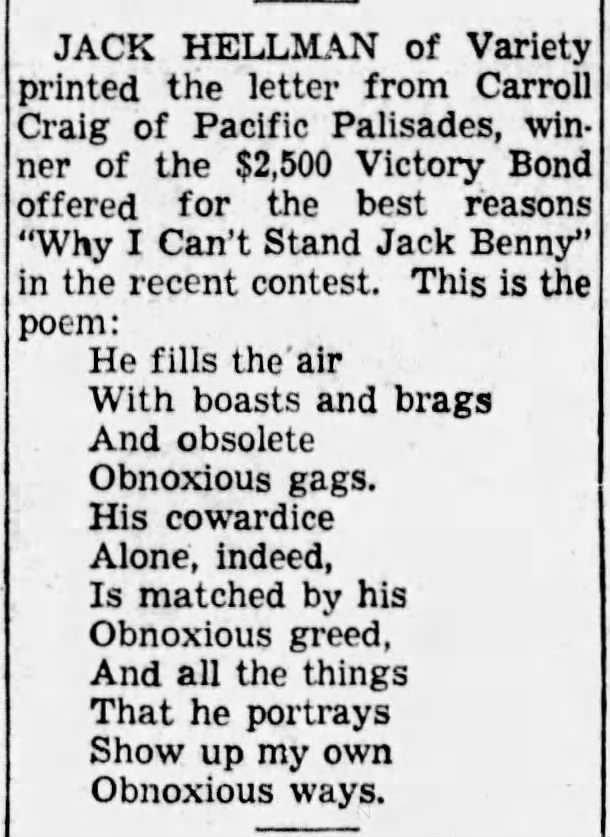 Why I Can't Stand Jack Benny contest winner