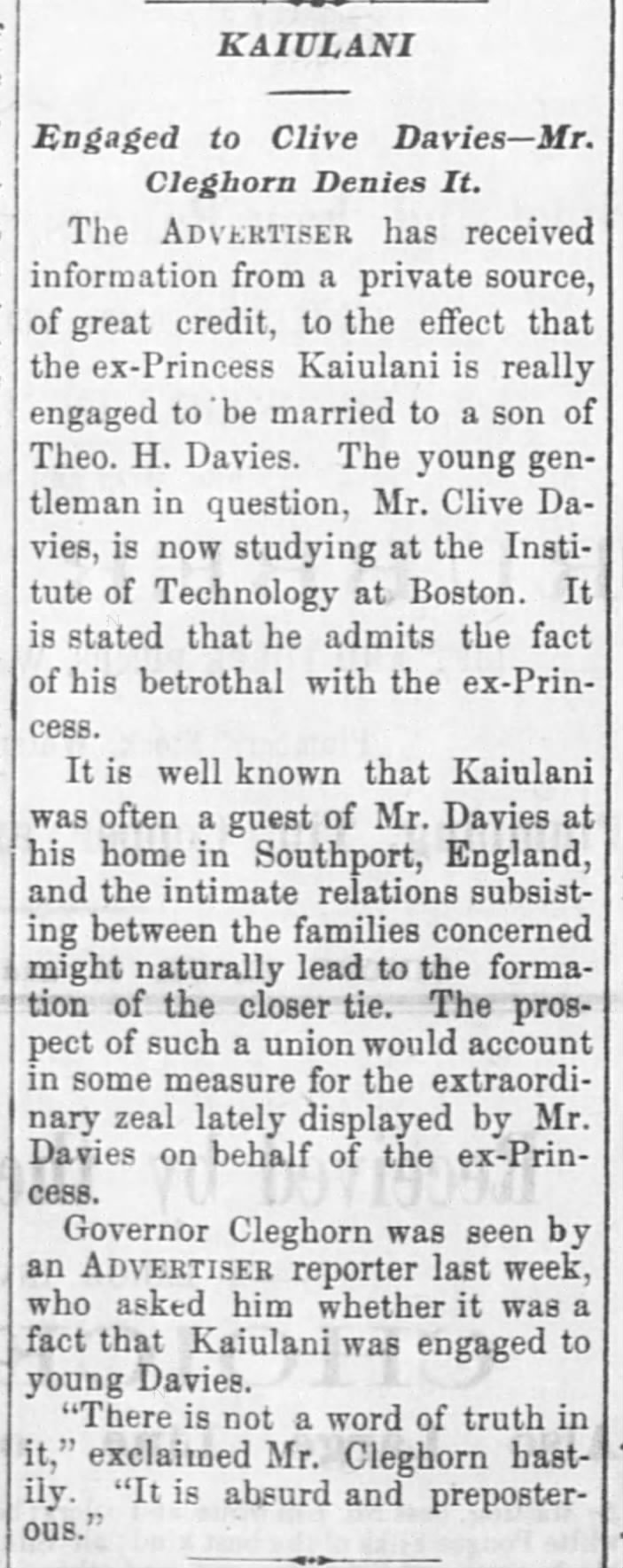 Kaiulani alleged engagement to Clive Davies, son of Theo H. Davies - her father denies it