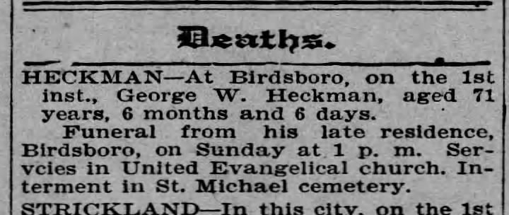 George W. Heckman death Reading Times 3 November 1905 p. 6