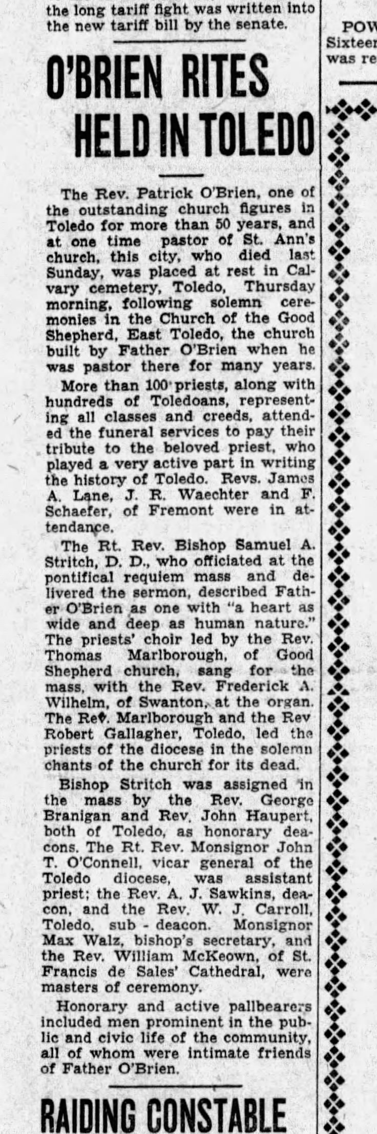O'Brien Rites Held
Rev Patrick O'Brien 1930