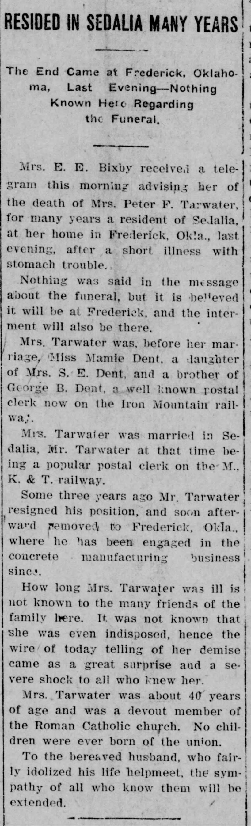 Details on Mamie Tarwater's death (wife of Peter)! The Sedalia Democrat 12/13/1907