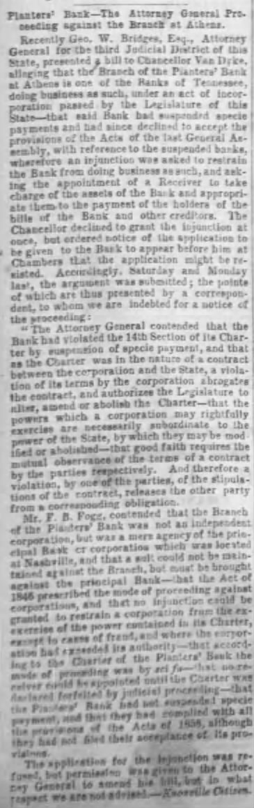 Planters' Bank Procedings, 1 Aug 1858 in the Memphis Daily Appeal.