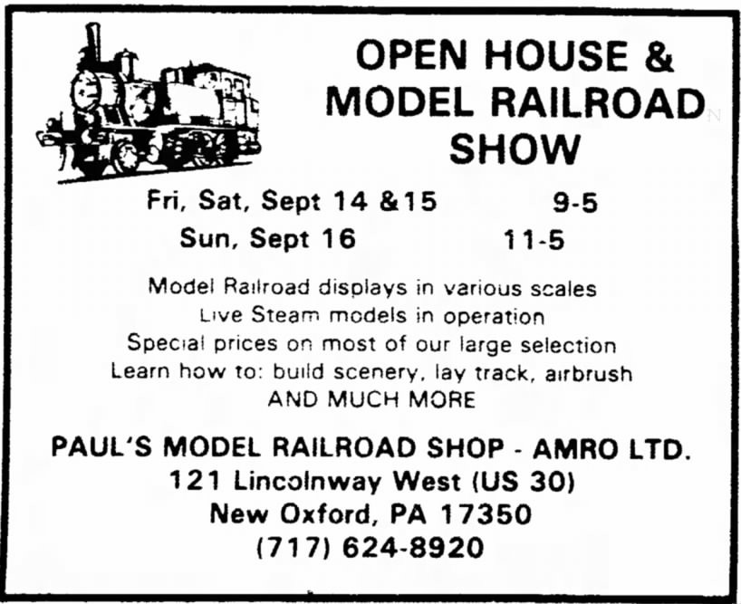 The Gettysburg Times (Gettysburg, PA) Sept 13, 1984 p 14
(Last ad for Paul's Model Railroad Shop)