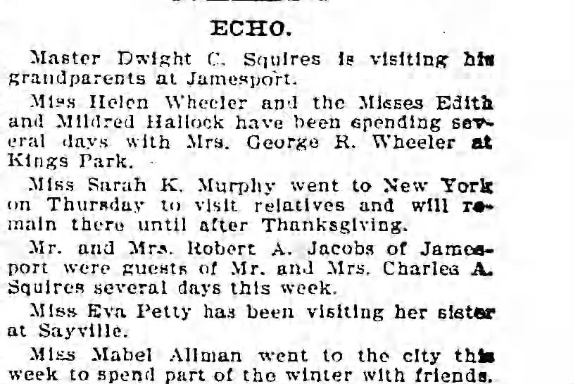 Mabel Allman visits friends 11/19/1899 Brooklyn Daily Eagle