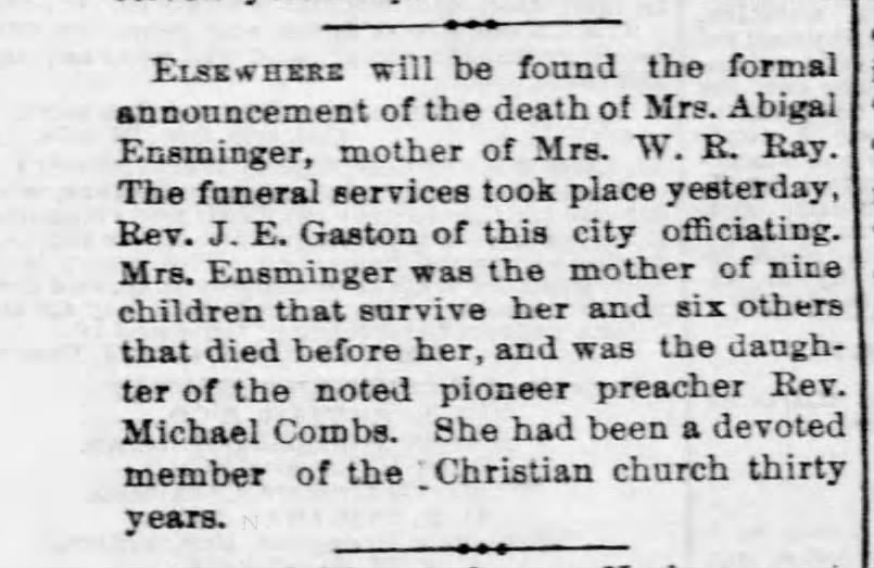 Mrs Abigal Combs Ensminger death-The Des Moines Register_Des Moines IA_19 May 1874_Tue_Pg4_Col 1