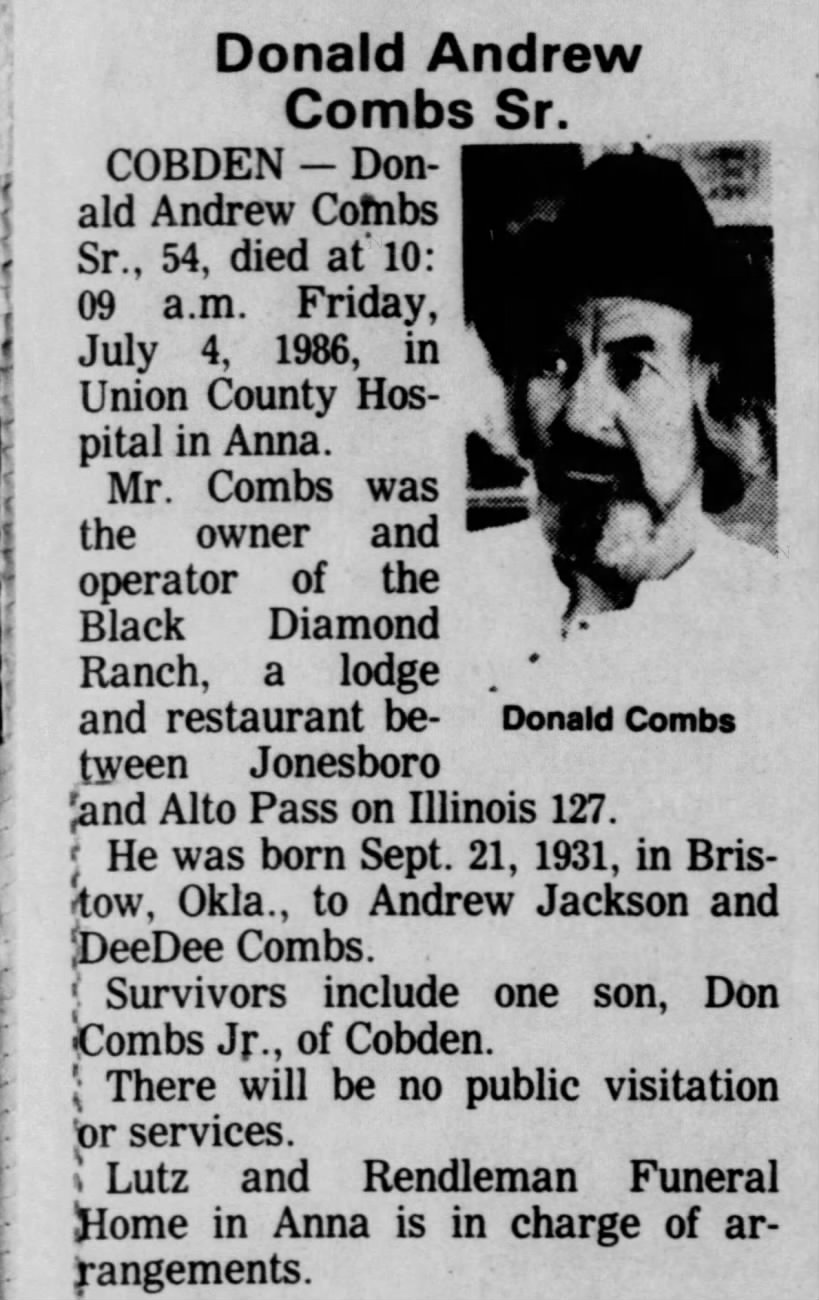 Donald Andrew Combs Sr Death.Southern Illinoisan (Carbondale IL).06 Jul 1986.Sun.Pg 10.Col 1