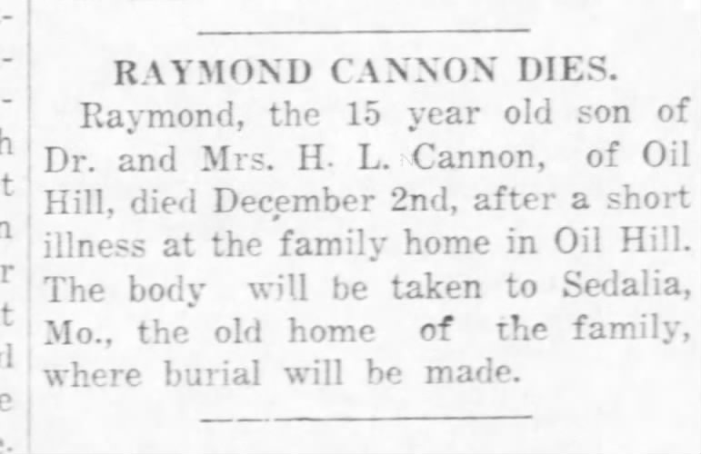 Raymond Cannon death 12-2-1918, Oil Hill, KS