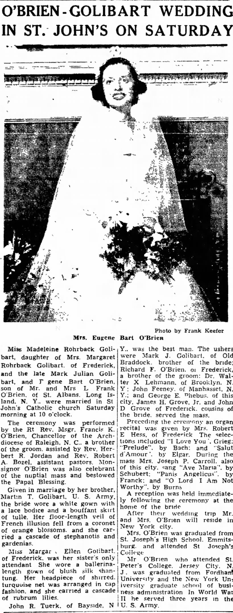 Golibart, Madeleine marriage -- Frederick News, 256 Aug 1952 p3