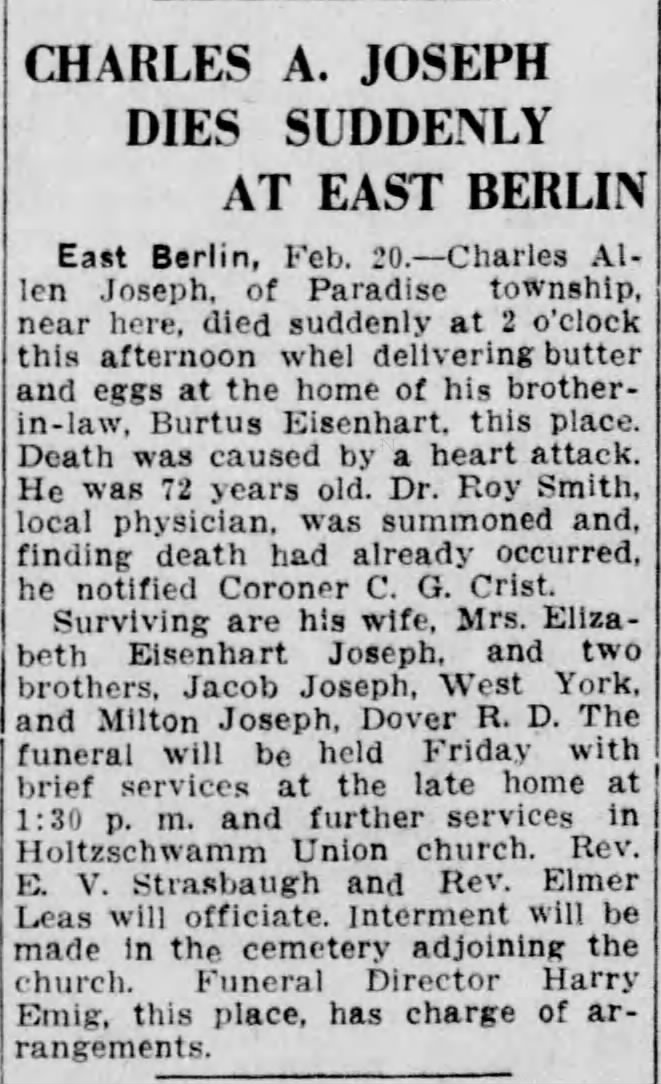 Charles A Joseph obituary (East Berlin, PA)