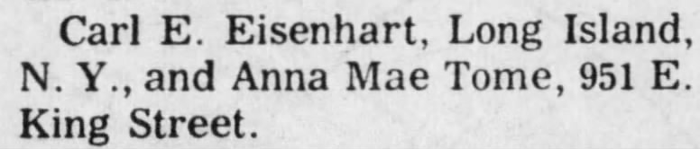 Carl E Eisenhart-Anna Mae () Tome marriage license (York, PA)