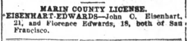 John C Eisenhart-Florence Edwards marriage license (Oakland, CA)$