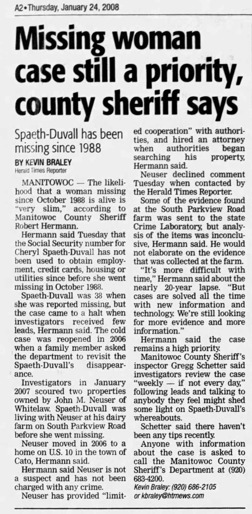 24 Jan 2008 Missing woman case still a priority, county sheriff says