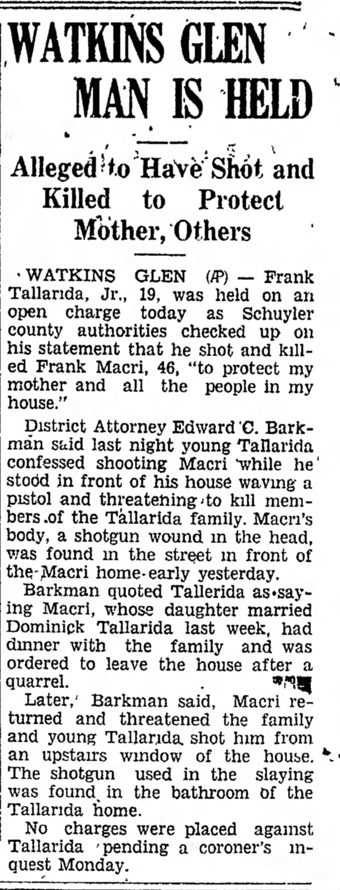 Frank Tallarida, family dispute article 7/20/1935