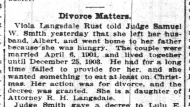 Viola (Langdale) Rust vs Albert A Rust - divorce granted