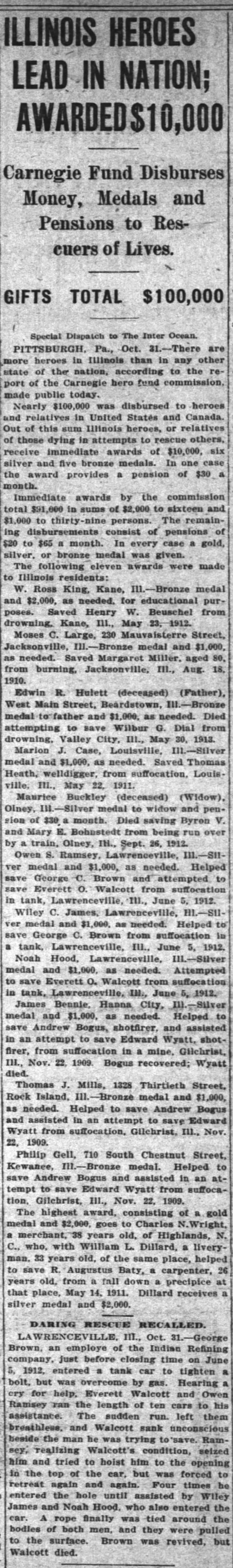 Lawrenceville Illinois Heroes Share in Carnegie Gifts - 1913