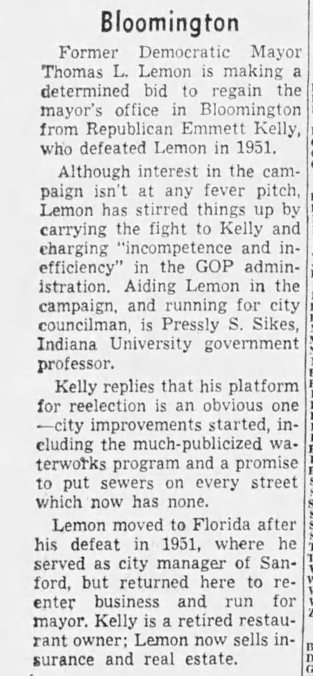 Thomas L. Lemon runs against Emmett Kelly for Mayor of Bloomington, IN 1955