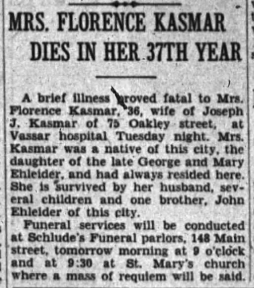 Florence Kasmar death notice 1933
