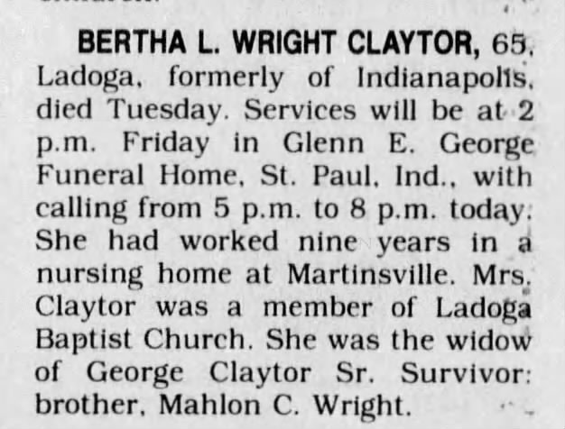 Bertha Louise Wright Claytor obituary
