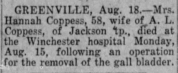 Hannah Lacey Coppess obituary 18 Aug 1927