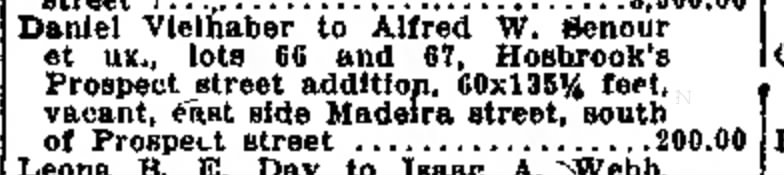 Daniel Vielhaber sell real estate to Alfred Senour
Indpls Star 31 Mar 1914