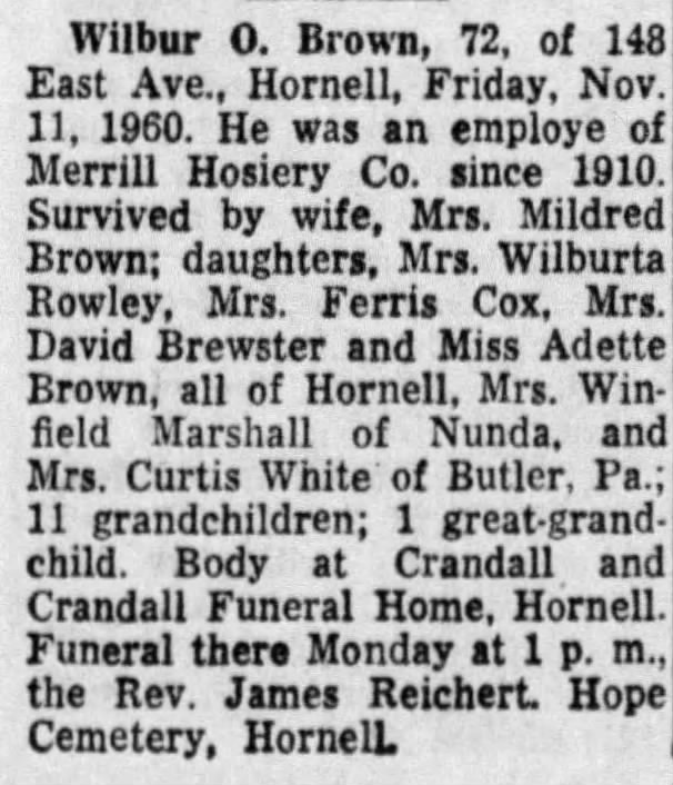 Obituary of Wilbur O. Brown, Star-Gazette, Elmira, New York, Sunday, 13 Nov 1960, Page 7