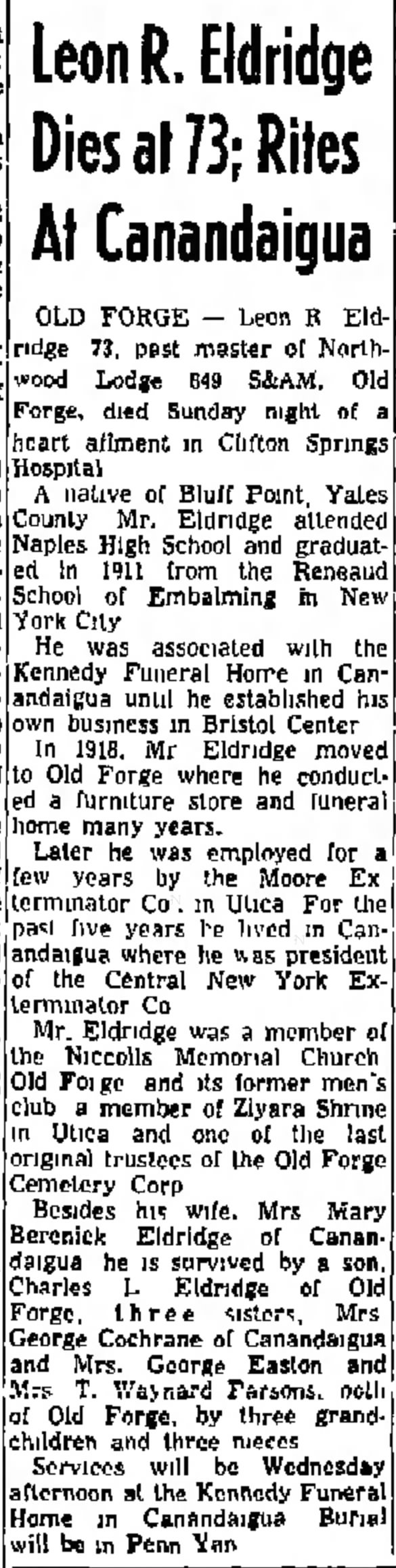 Obituary of Leon R. Eldridge, The Post-Standard, Syracuse, New York, Tuesday, 6 Nov 1962, Page 28