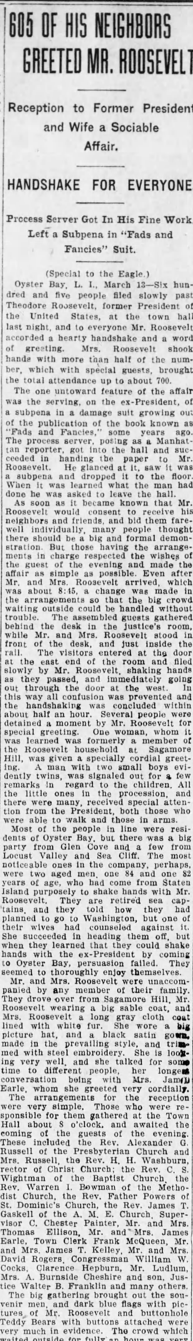 Roosevelt returns reception march 13, 1909