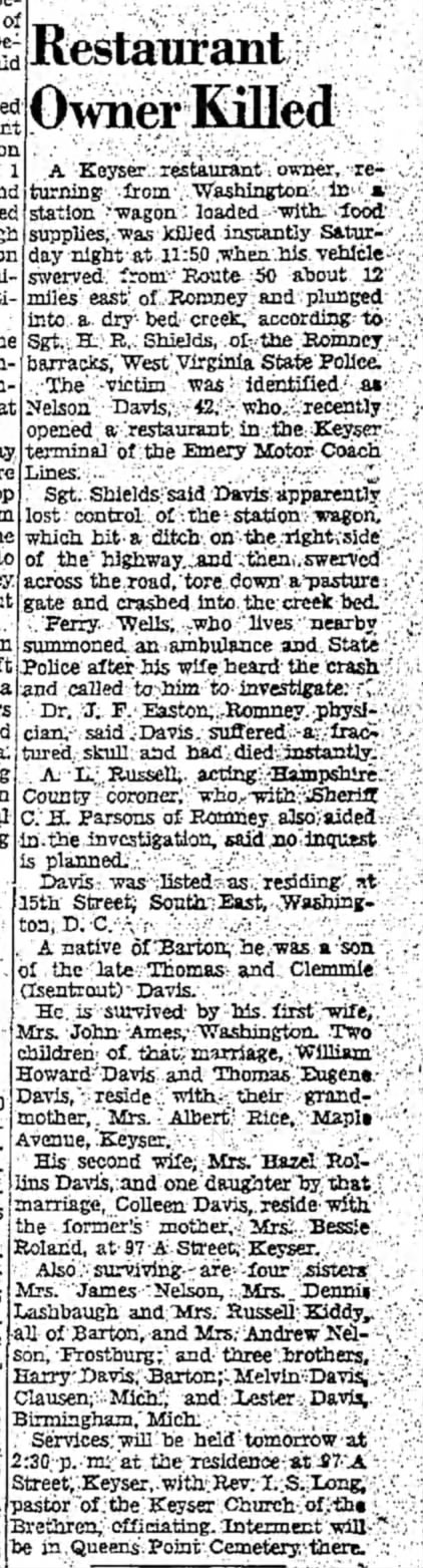 Nelson Davis, Obituary  died in accident Sept 20, 1948  son of Thomas  Clementine Eisentrout Davis