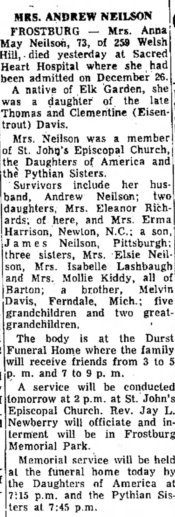 Davis, Anna May Davis Neilson Obituary  Jan 10, 1969 
