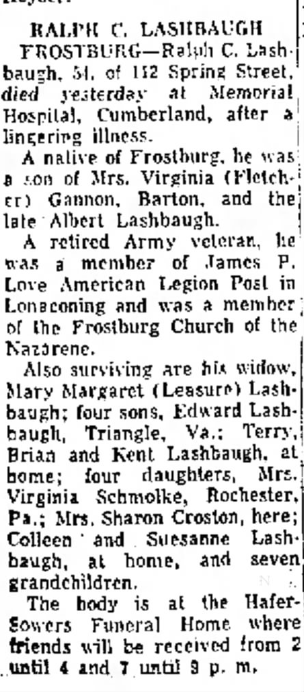 *Ralph C. Lashbaugh Sr., Obituary  April 6, 1972,  Cumberland News  4-7-1972 pg 7.