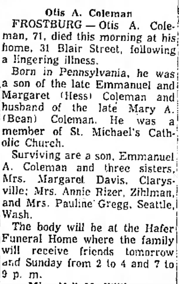 Coleman Otis Arthur  April 29, 1960  Obituary  son of Emanuel,  Sarah Hess  Coleman