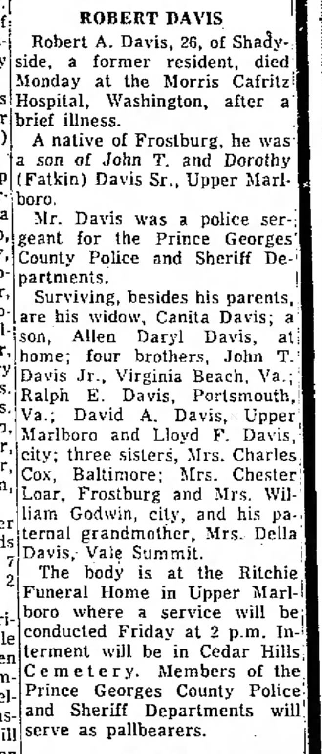 Robert Davis ~ obit, died March 11, 1968  Cumberland Evening Times