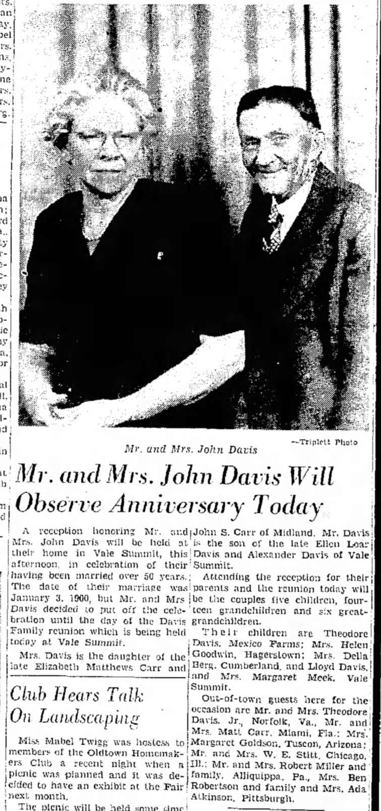 July 2, 1950
50th Wedding anniversary
Mr & Mrs John Davis  of Midland, Maryland  
