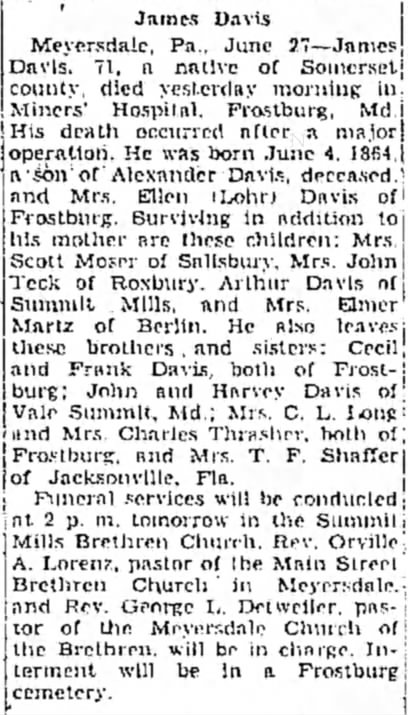 June 26, 1936  James Lewis Davis, Born, June 4 1864, son of Alex,  Mary Ellen Loar Davis