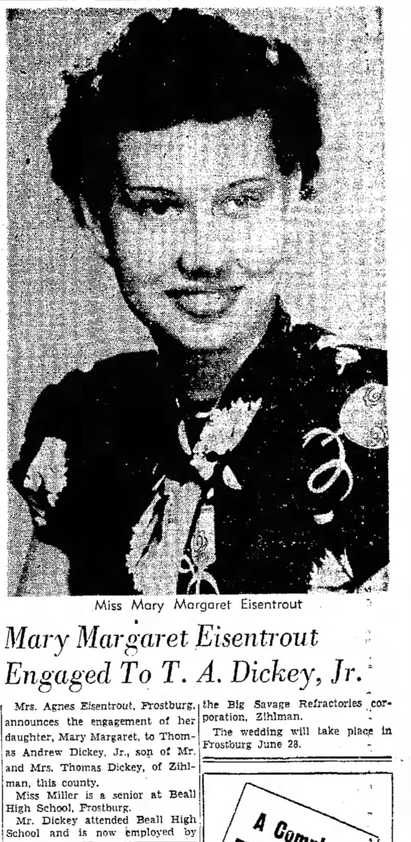 Mary Margaret Eisentrout (Duddy) Engaged to Thomas Dickey Jr. Wedding date set for June 28  1952