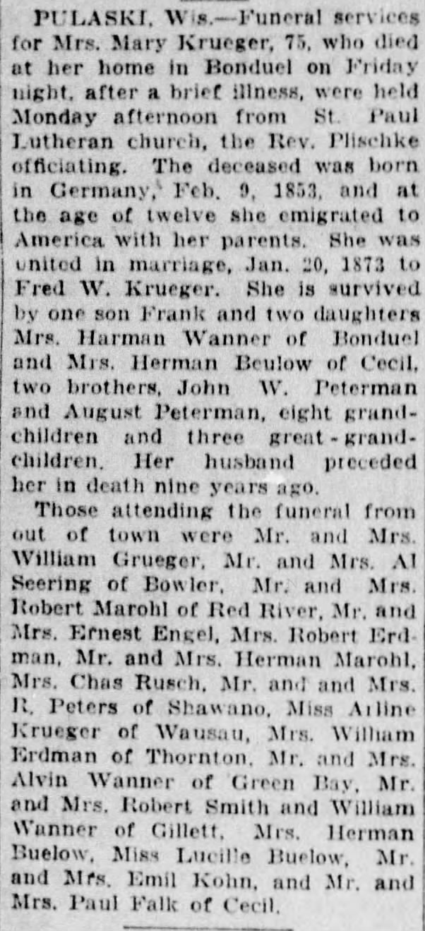 Mary Krueger 1928 Obituary (Pulaski, Wisconsin).  Wife of Fred W. Krueger.