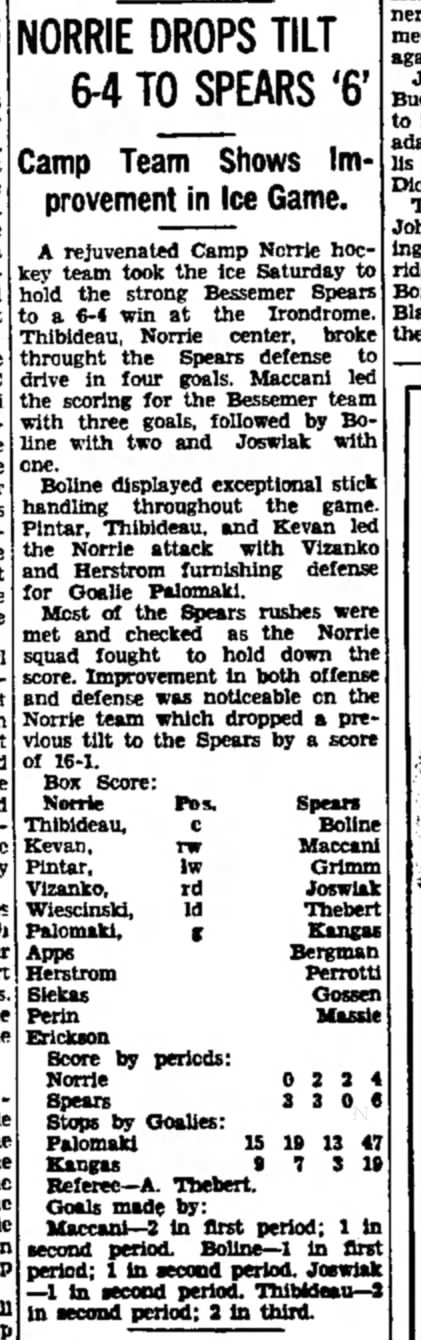 Pintar mentioned in Camp Norrie hockey team - 1939 - Ironwood Daily Globe