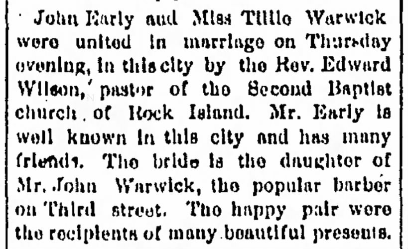 Tillie Warwick/John Early marriage