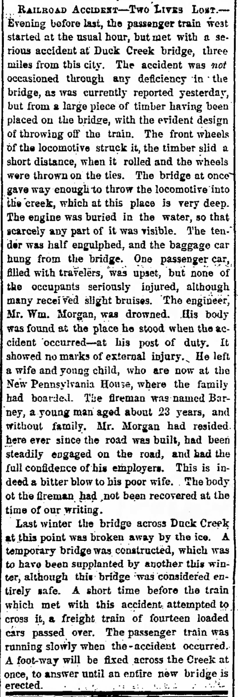railroad accident at Duck Creek 28 dec 1857