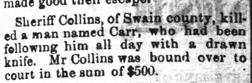 Sheriff Collins kills Carr (Daily Charlotte Observer 15Apr1877)