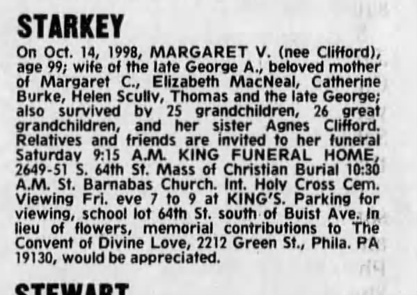 Margaret Starkey Obituary, Philadelphia Inquirer, 15 Oct 1998