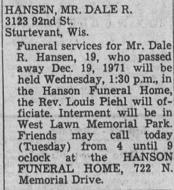 Obituary for MR. DALE R. HANSEN (Aged 19)