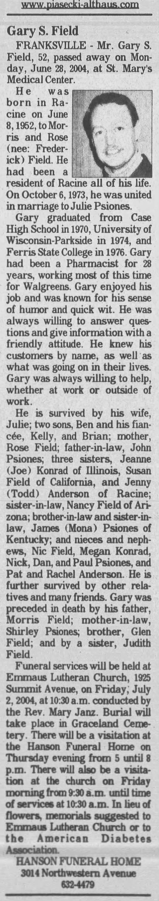 Obituary for Gary S. Field, 1952-2004 (Aged 52)