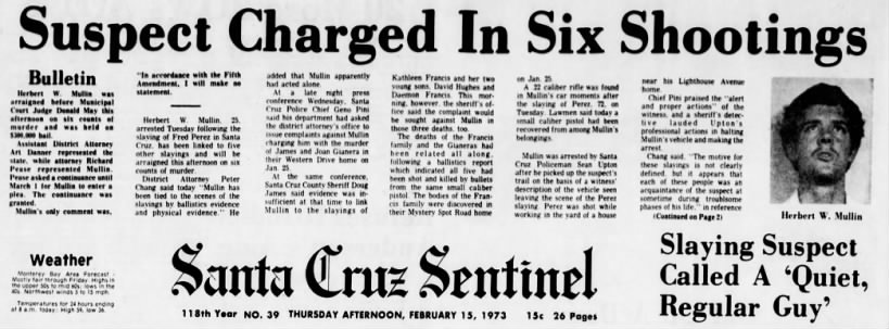Sentinel Feb 13, 1973 p. 1 Herbert Mullin charged