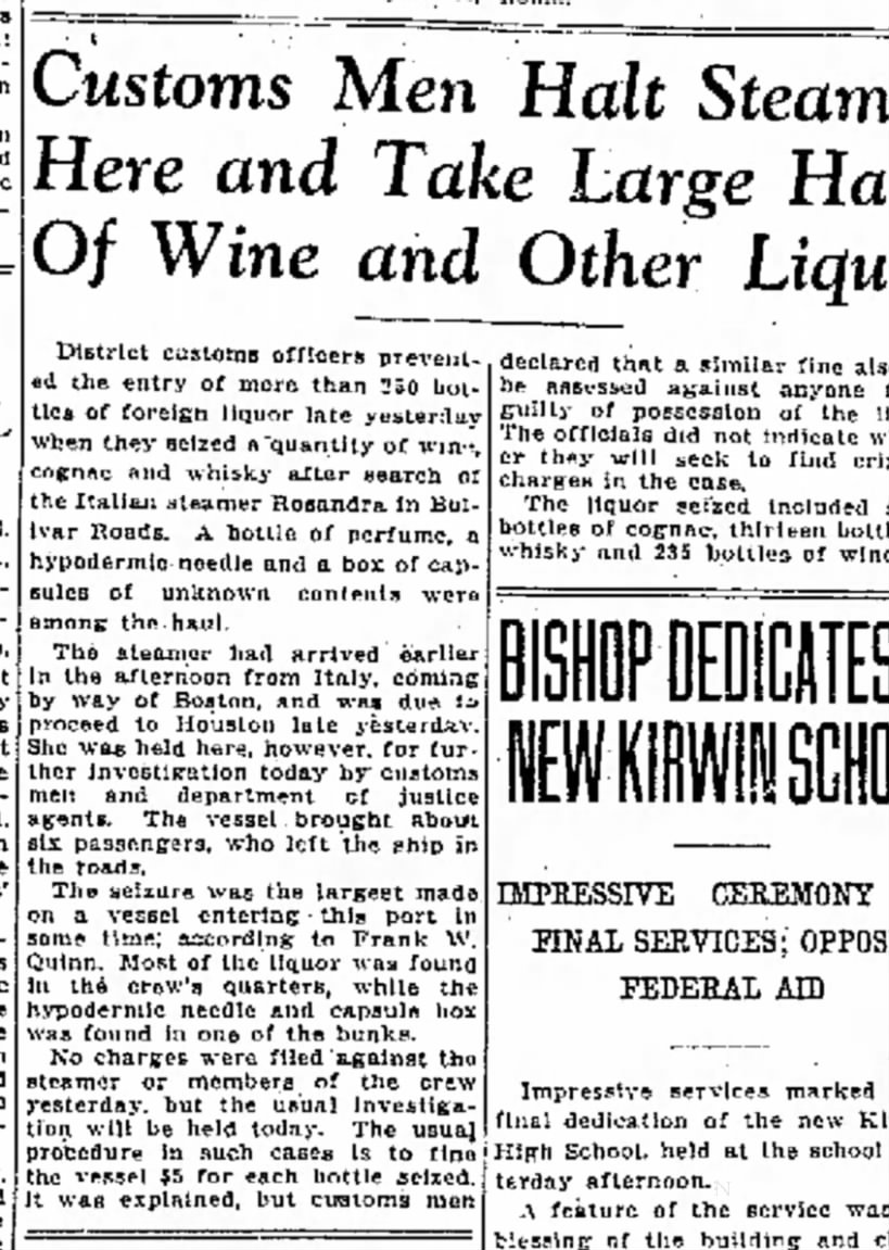 Liquor seizure from the Rosandra - 1927
