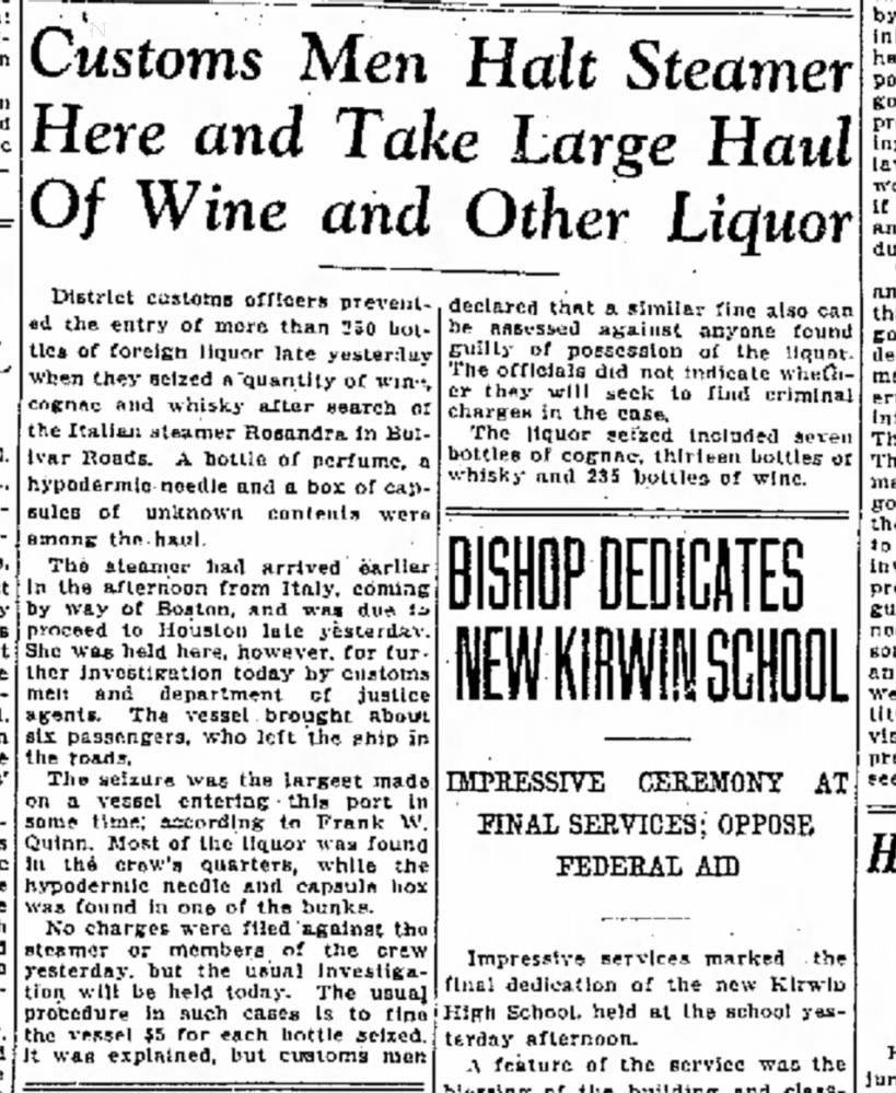 Liquor seizure from the Rosanda - 1927