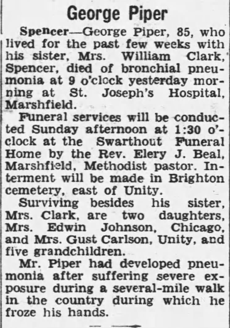 George Piper, Jennie Mason Piper's widower, dies, 1943.