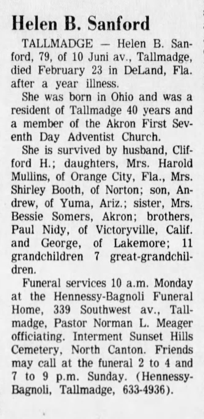 Helen Bernice Nidy - Obituary - Akron Beacon Journal - 25 Feb 1977